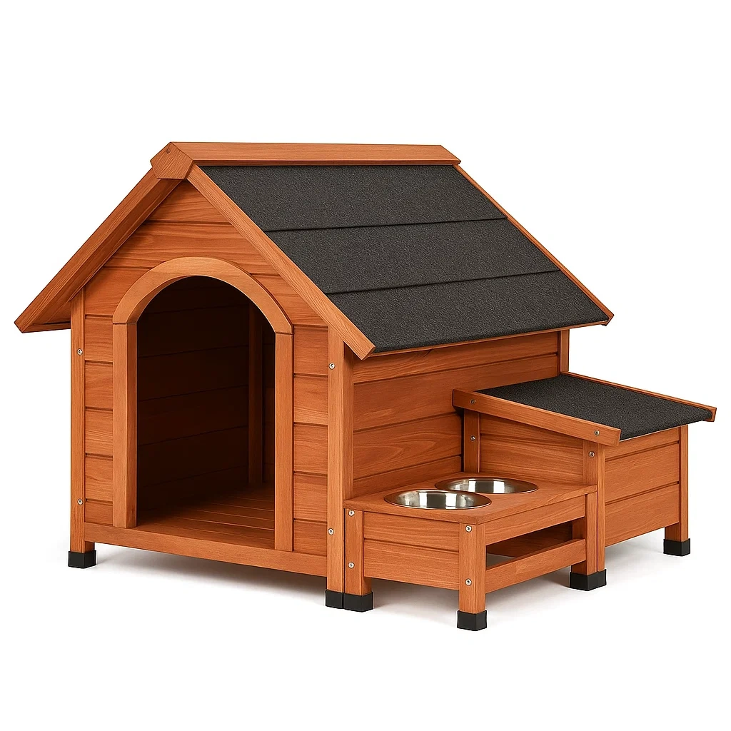 Cuccia per cani in Legno di Abete Marrone con Ciotole Incorporate-dreamloomz