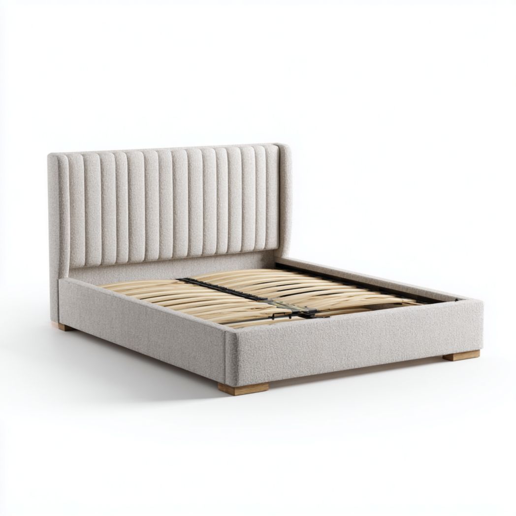 Lit en chêne massif avec tête de lit rembourrée à rayures et structure en tissu-Modern Europa