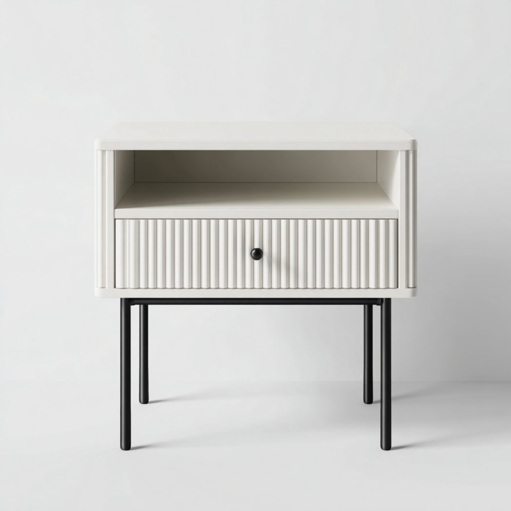 Table de chevet blanche avec un tiroir rainuré et piètement en métal noir-Modern Europa
