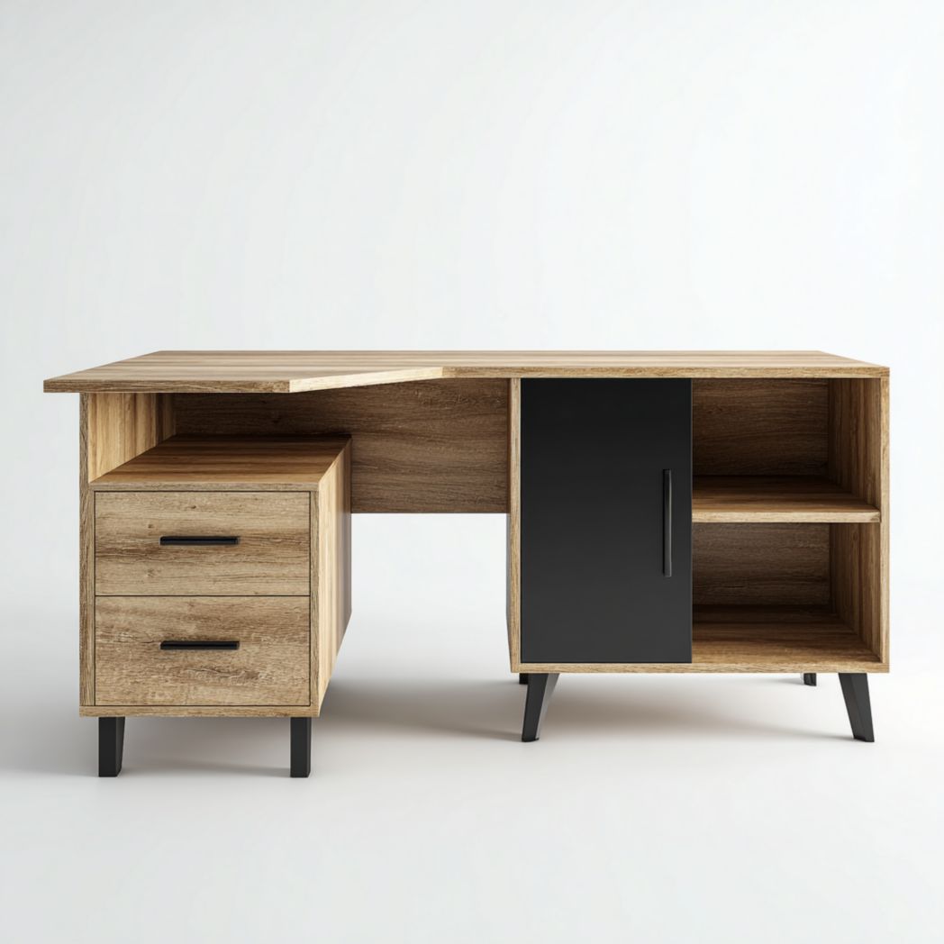 Bureau avec tiroirs et porte, structure en bois de chêne et pieds en acier noir-Mcg Furniture