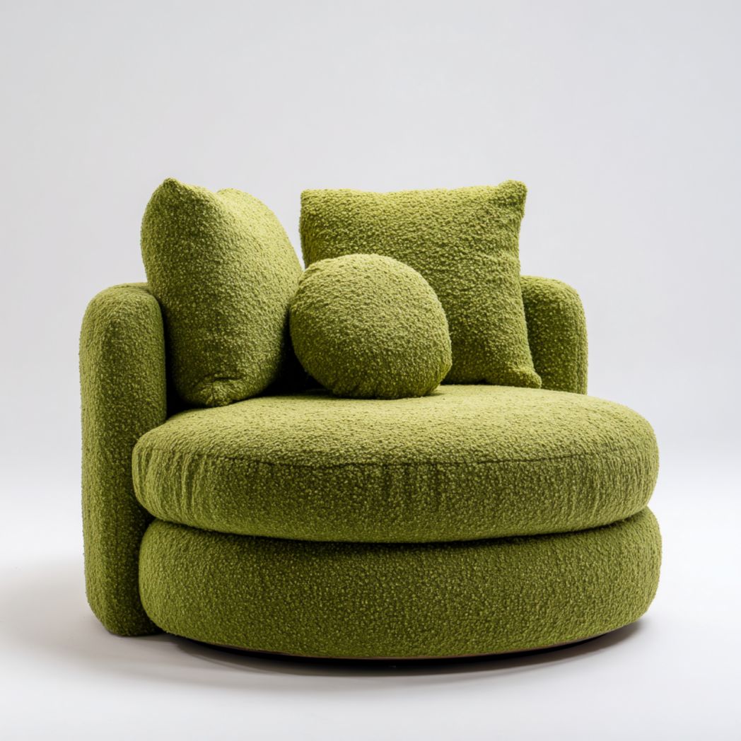 Fauteuil rond en tissu polyester vert avec coussins
