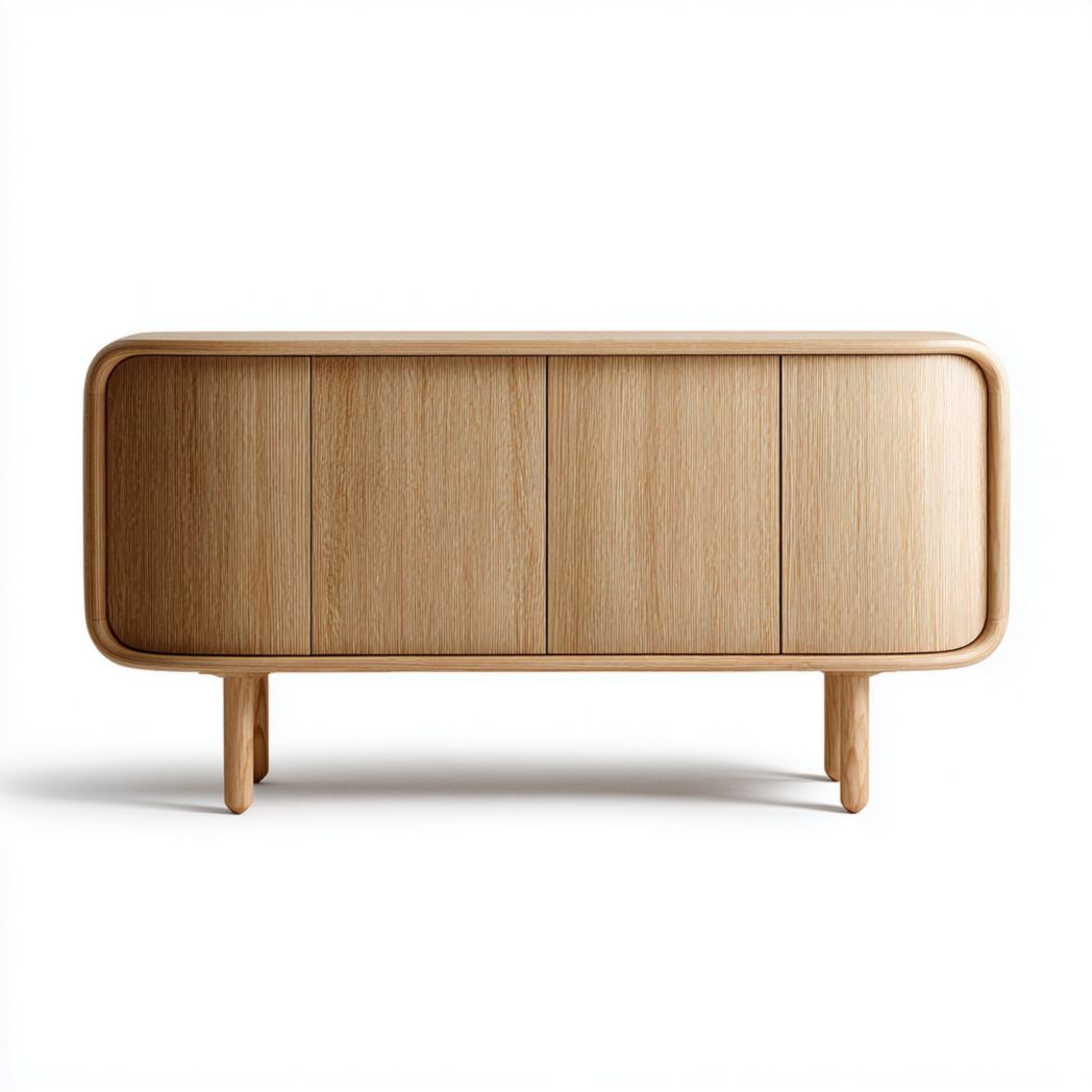 Meuble TV en chêne avec 4 portes et pieds en bois