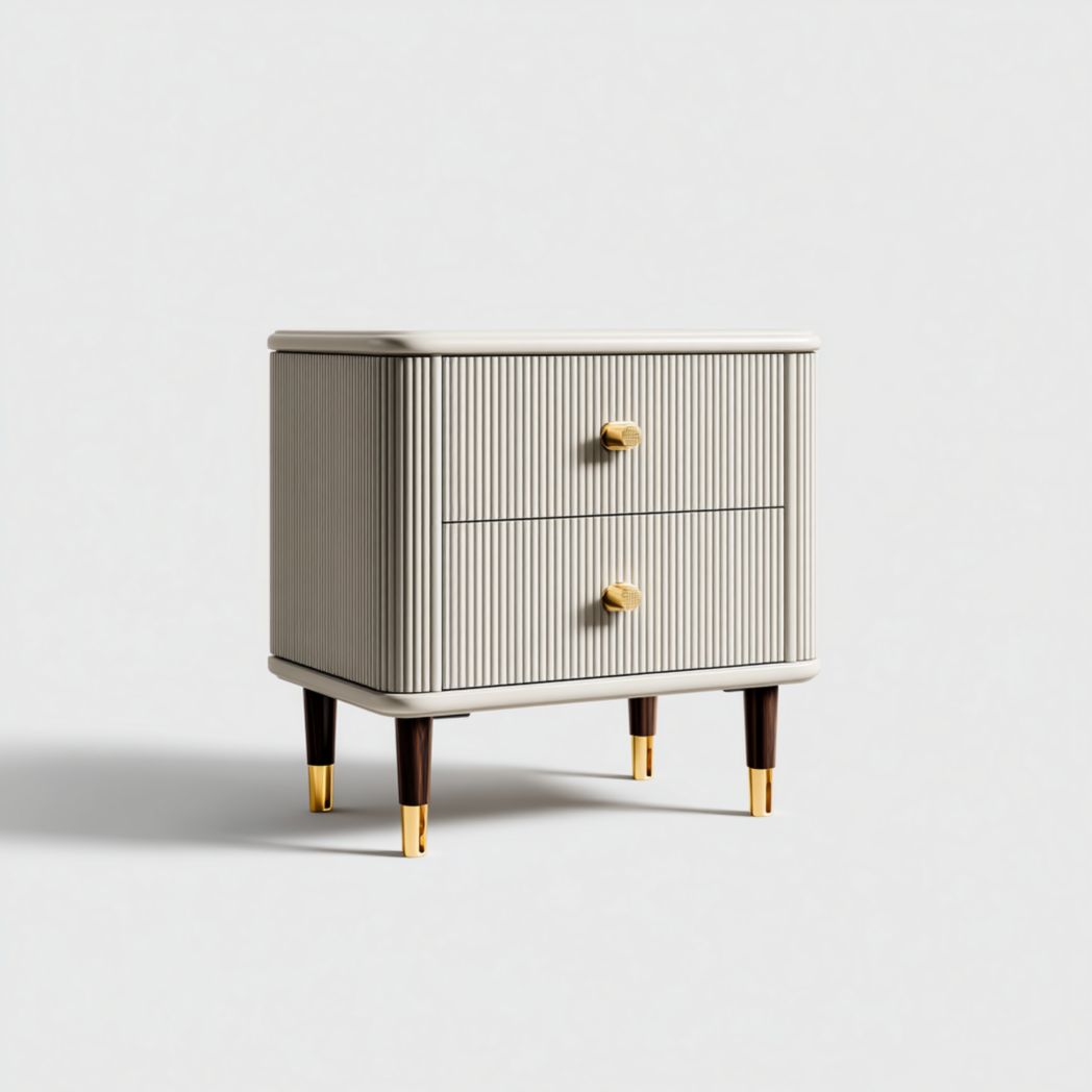 Table de chevet avec tiroirs en tissu rayé et pieds en chêne massif doré-Home Wood Home