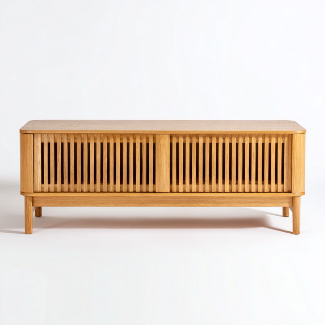 Meuble TV en chêne massif avec portes coulissantes ajourées-Home Wood Home