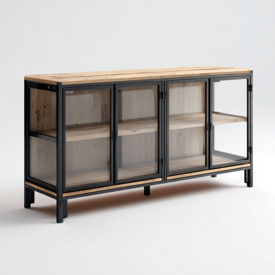 Buffet en bois avec portes vitrées et cadre en métal noir-Artin Furniture