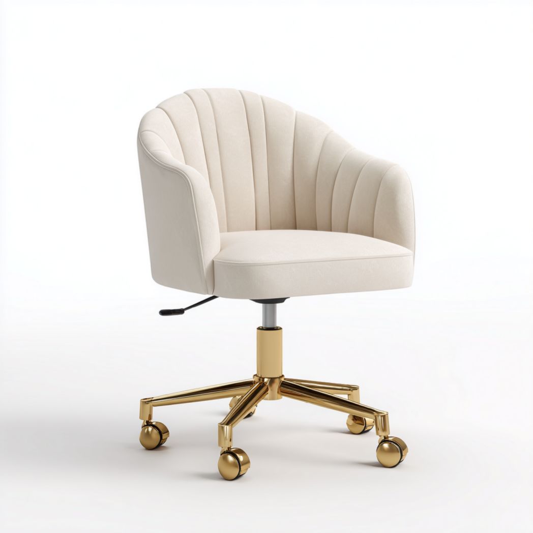 Chaise de bureau pivotante avec roulettes, assise rembourrée beige et piètement doré-Artin Furniture