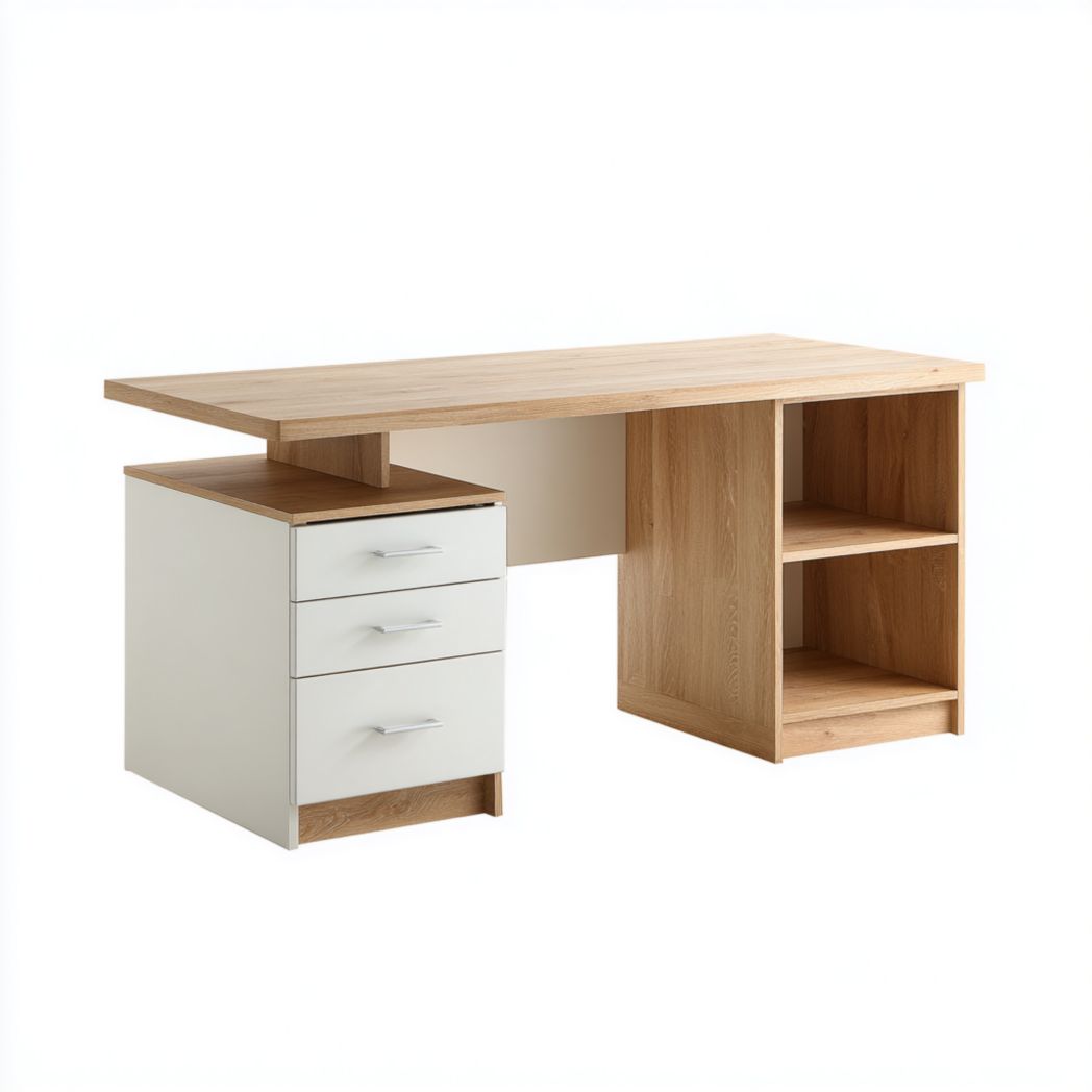 Bureau avec trois tiroirs et étagères ouvertes, finition chêne et blanc-Pinnacle Furniture