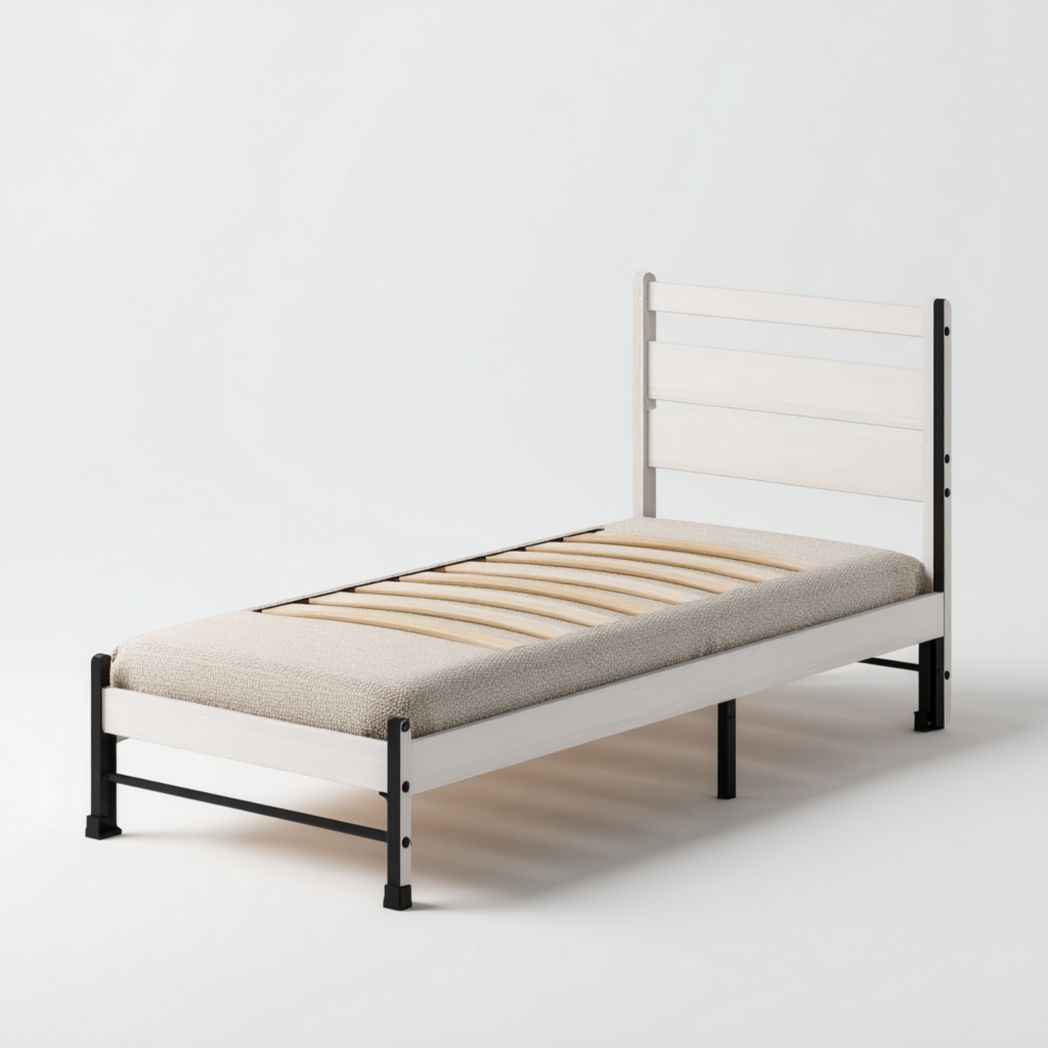 Lit simple en bois blanc avec structure en métal noir-Pinnacle Furniture