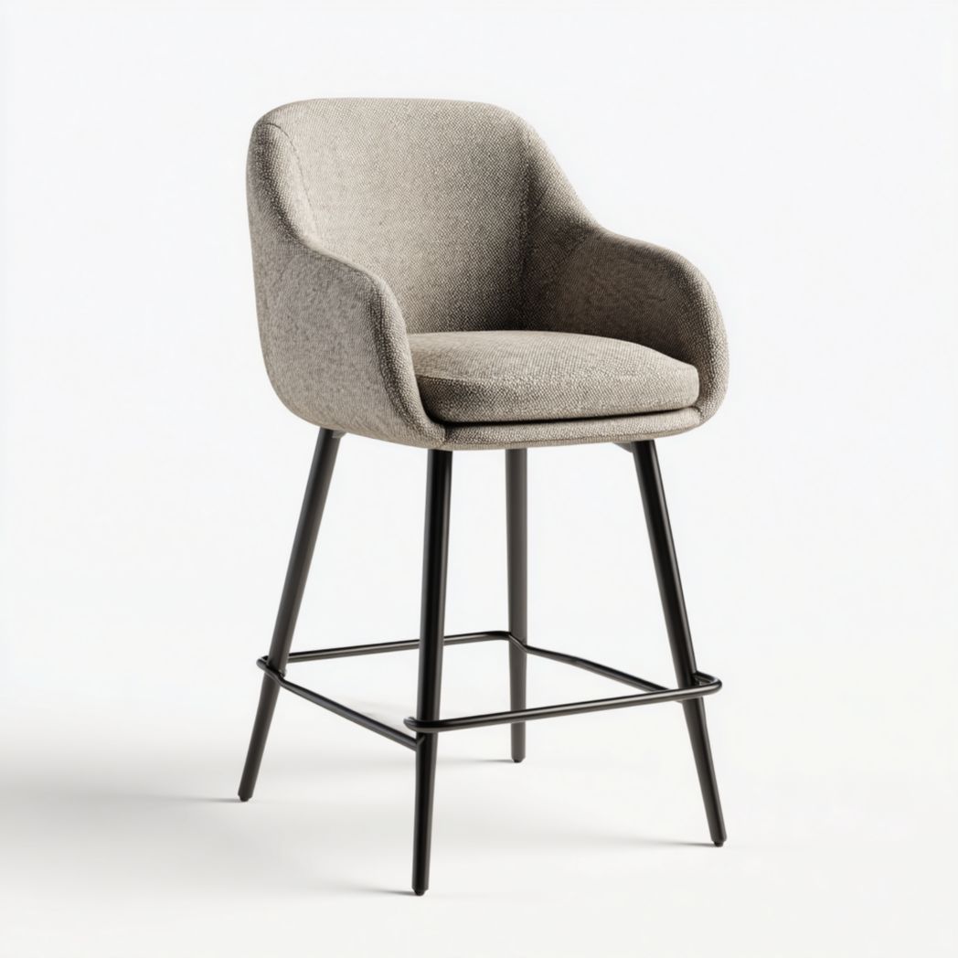 Chaise de bar avec assise rembourrée en tissu beige et pieds en métal noir-Pinnacle Furniture