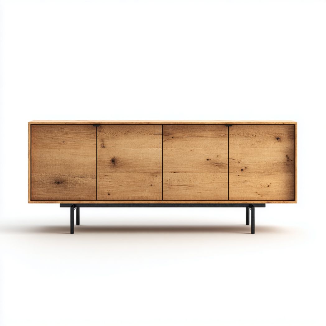 Meuble TV en chêne massif avec piètement en métal noir-Pinnacle Furniture