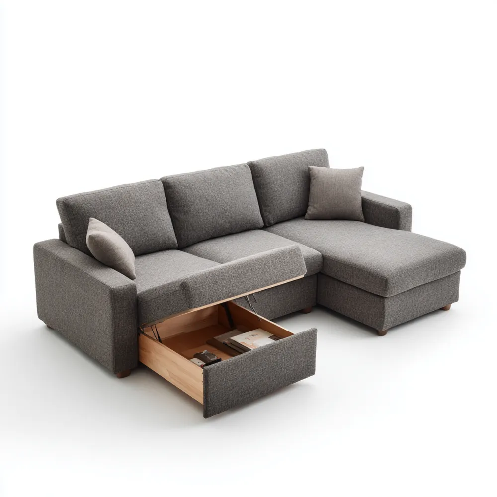 Divano angolare in tessuto 200x150x90 cm - Grigio - design moderno con vano contenitore