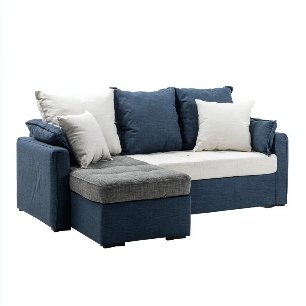 Divano angolare in tessuto 250x150x85 cm – Blu/Grigio/Bianco – Design moderno