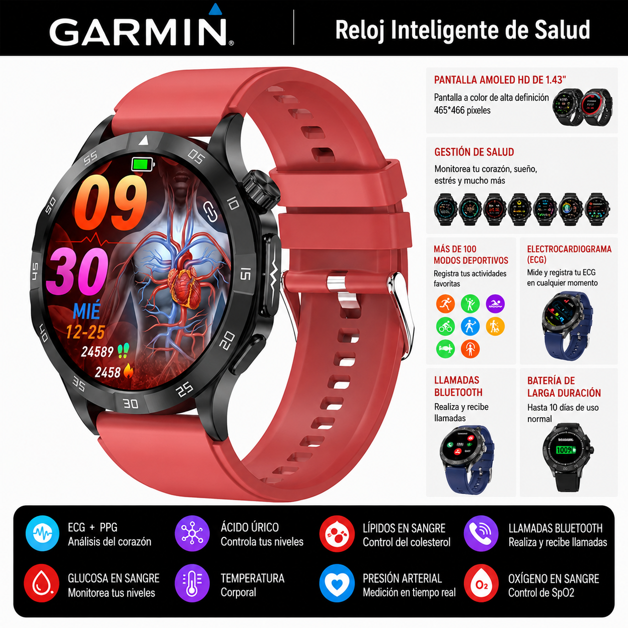 Reloj inteligente Garmin Health 2026: medición de ECG, análisis de la onda de pulso y monitoreo de glucosa en sangre, lípidos sanguíneos y ácido úrico ⌚️