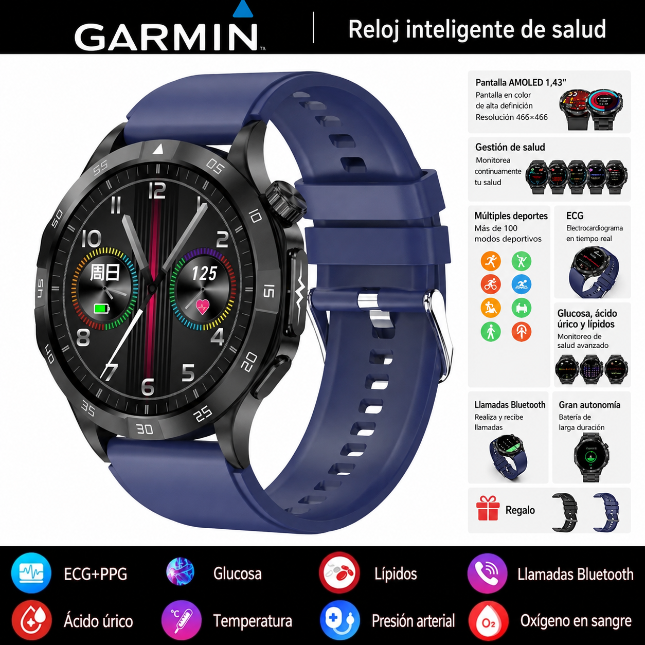 Reloj inteligente Garmin Health 2026: medición de ECG, análisis de la onda de pulso y monitoreo de glucosa en sangre, lípidos sanguíneos y ácido úrico ⌚️