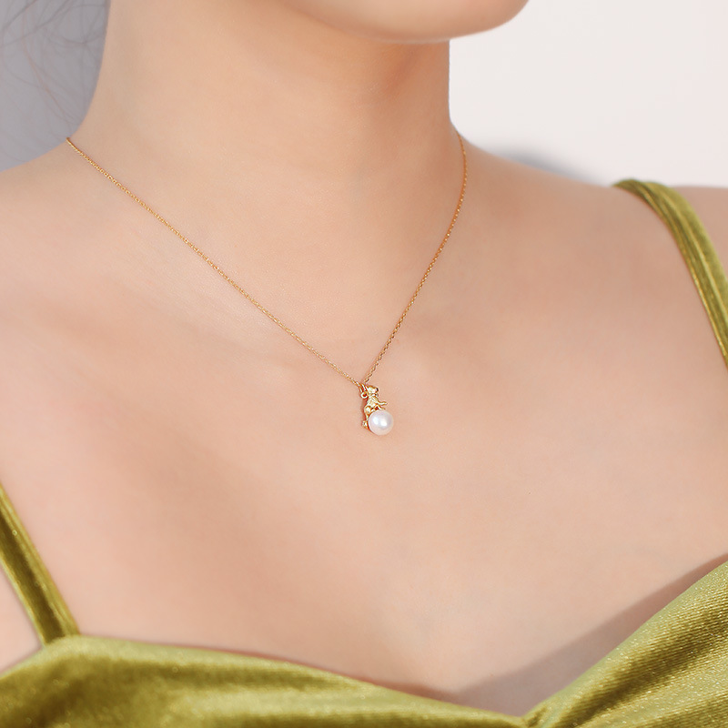 💞Colier pisică din aur solid de 14K, colier din aur cu perle pentru femei, colier cu pandantiv rafinat