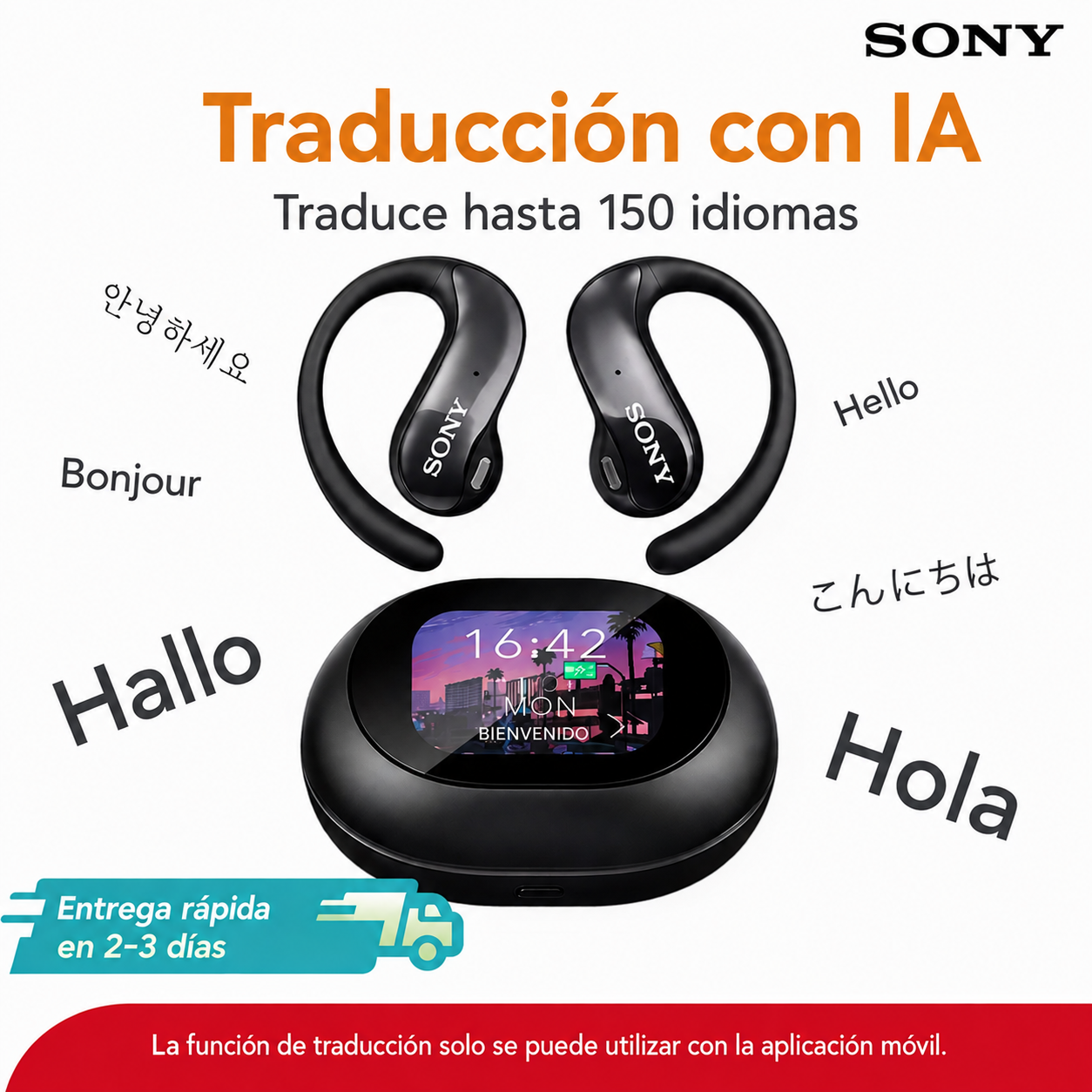 Auriculares con traducción en tiempo real SONY, pantalla táctil, 150 idiomas, sonido HD y batería de larga duración.