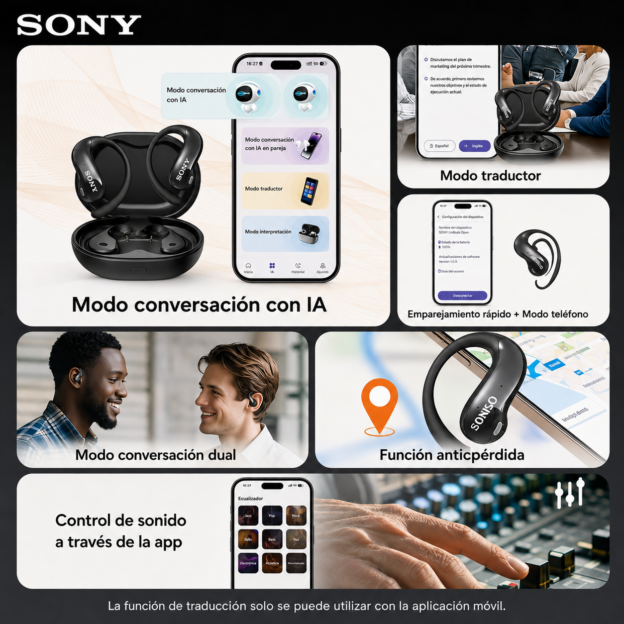 Auriculares con traducción en tiempo real SONY, pantalla táctil, 150 idiomas, sonido HD y batería de larga duración.