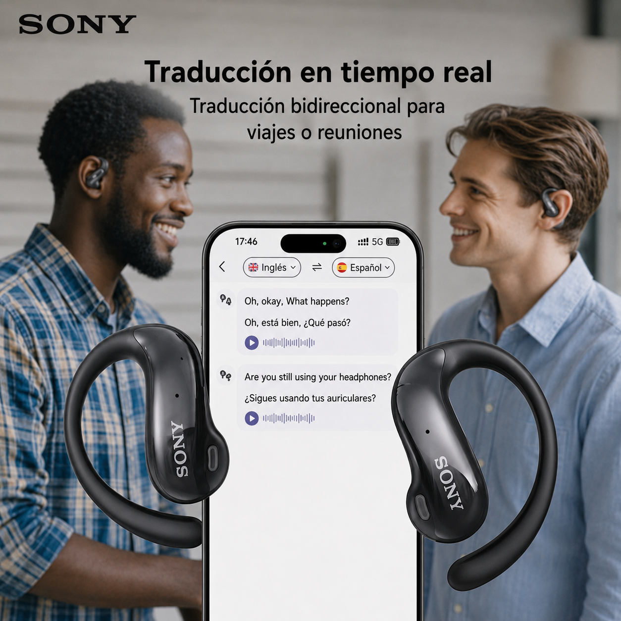 Auriculares con traducción en tiempo real SONY, pantalla táctil, 150 idiomas, sonido HD y batería de larga duración.