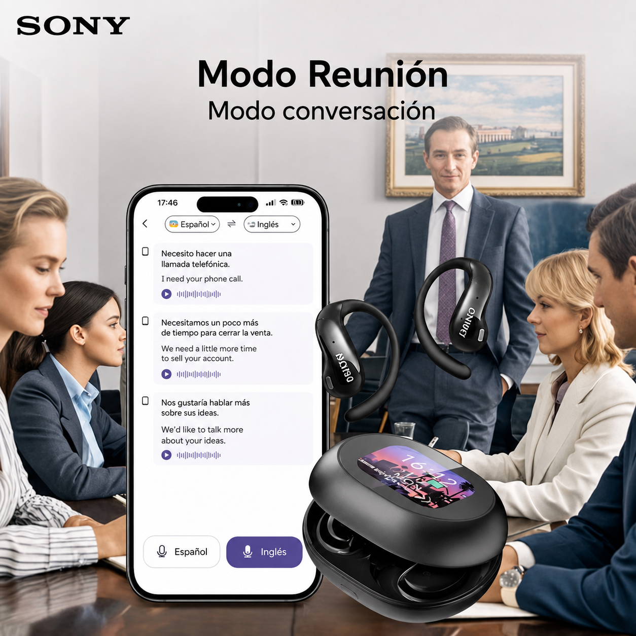 Auriculares con traducción en tiempo real SONY, pantalla táctil, 150 idiomas, sonido HD y batería de larga duración.