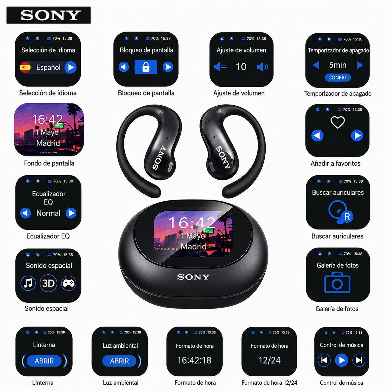 Auriculares con traducción en tiempo real SONY, pantalla táctil, 150 idiomas, sonido HD y batería de larga duración.