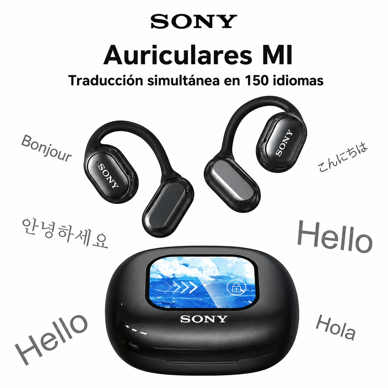 Auriculares con traducción en tiempo real SONY, pantalla táctil, 150 idiomas, sonido HD y batería de larga duración.