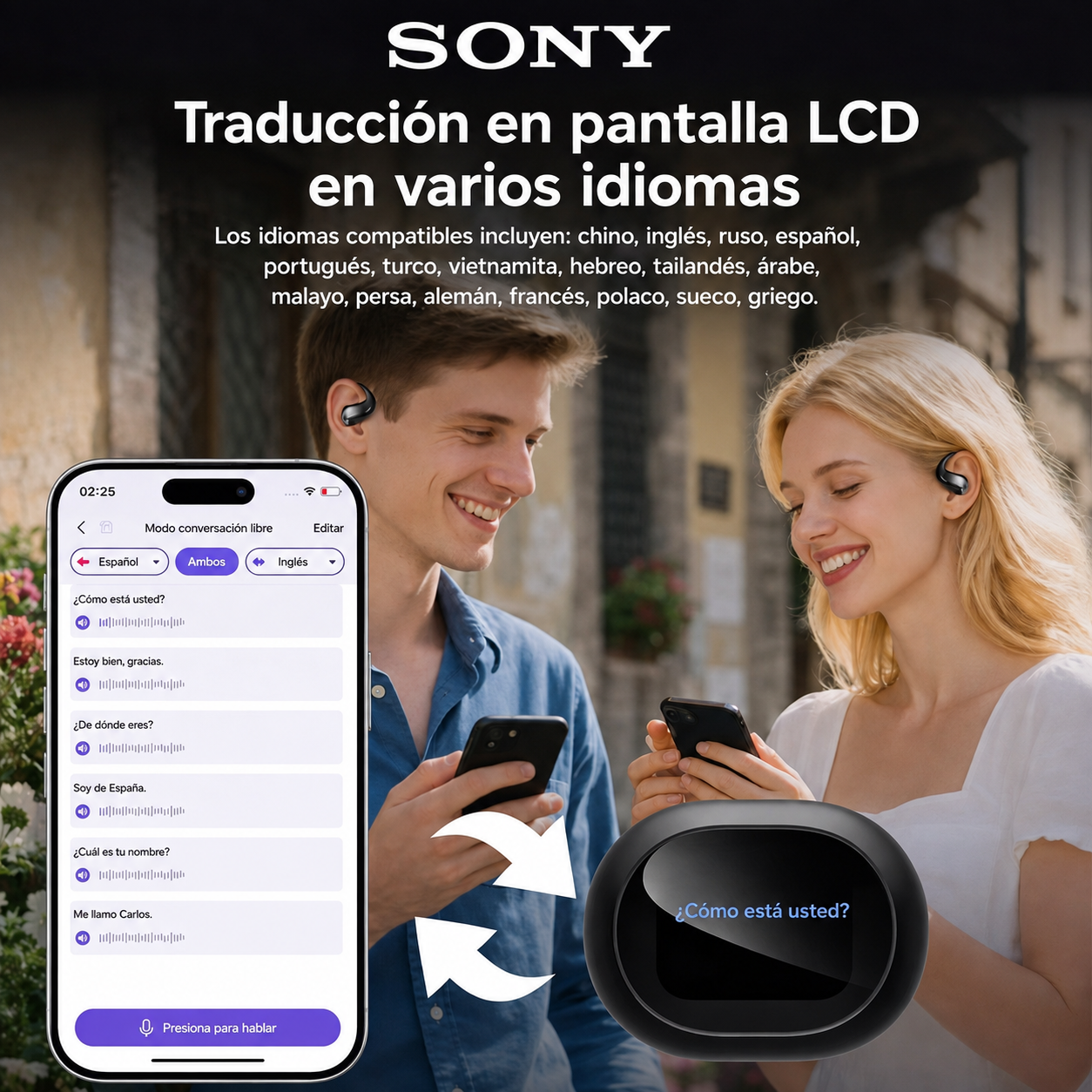 Auriculares con traducción en tiempo real SONY, pantalla táctil, 150 idiomas, sonido HD y batería de larga duración.