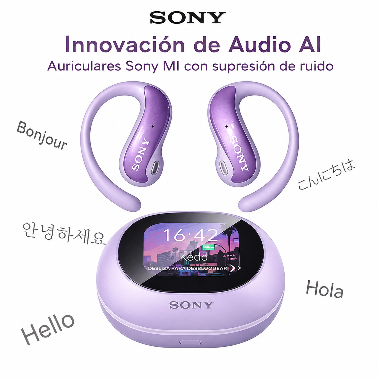 Auriculares con traducción en tiempo real SONY, pantalla táctil, 150 idiomas, sonido HD y batería de larga duración.