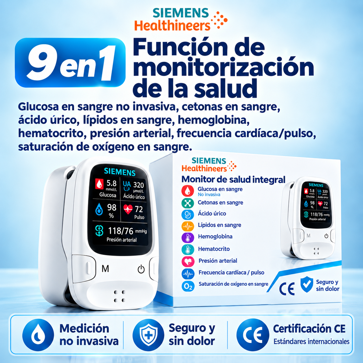 🩸 Glucómetro sin pinchazos – Siemens | Control de glucosa indoloro en casa 📊