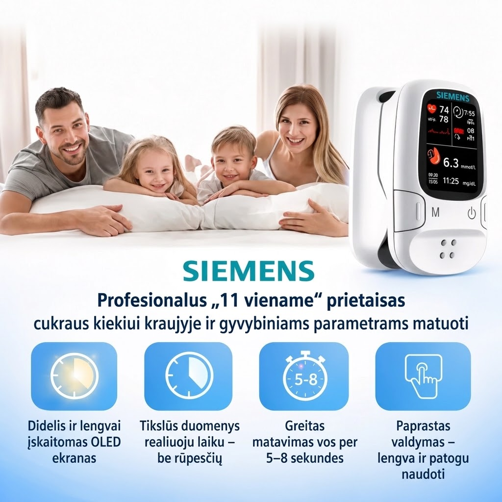 🩸 Neinvazinis gliukomatis – „Siemens“ | Neskausmingas gliukozės kiekio stebėjimas namuose 📊