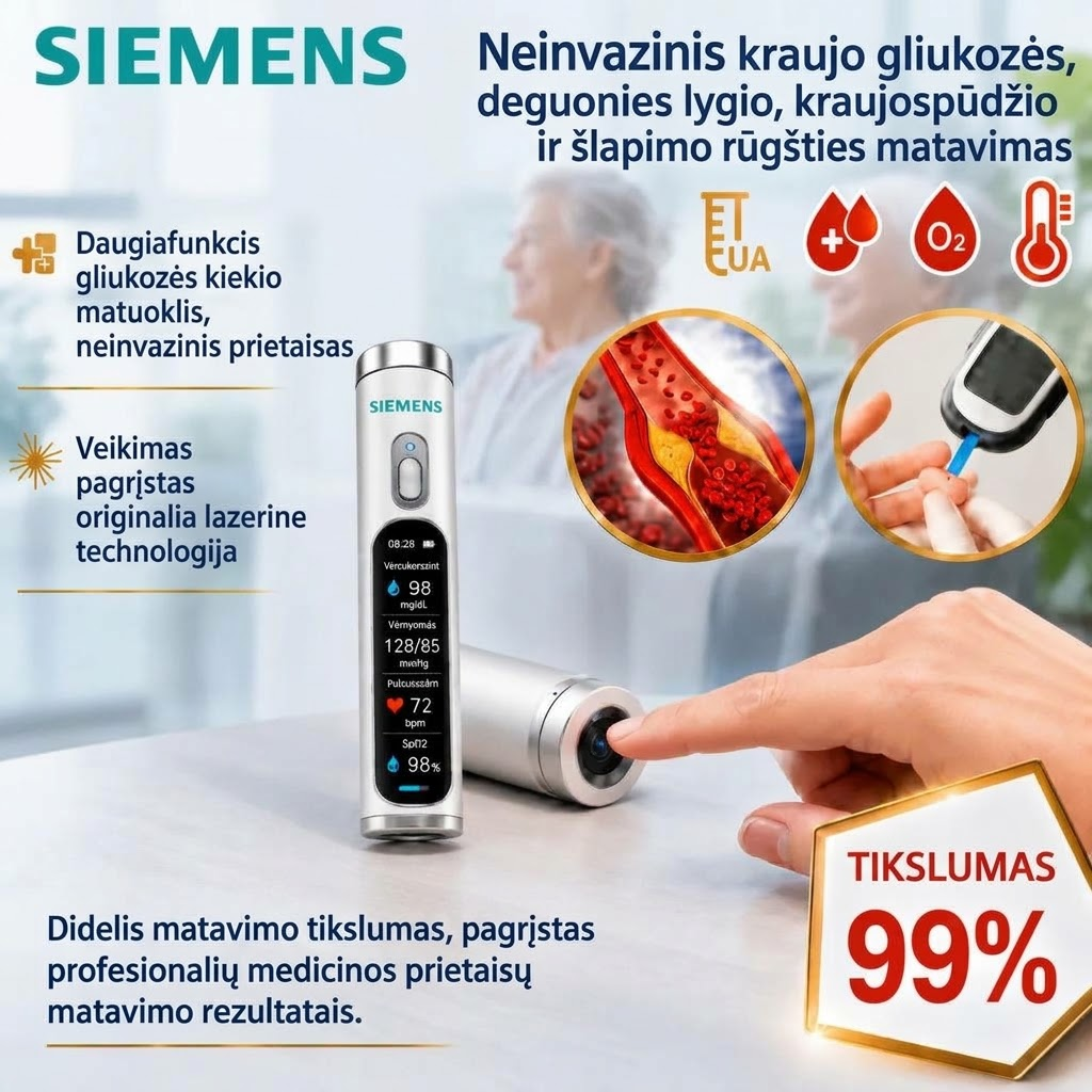 ✅ Naujausia 2027 m. medicinos technologijų inovacija: neinvazinis, išmanusis gliukozės kiekio kraujyje matuoklis su 99,9 % tikslumu.