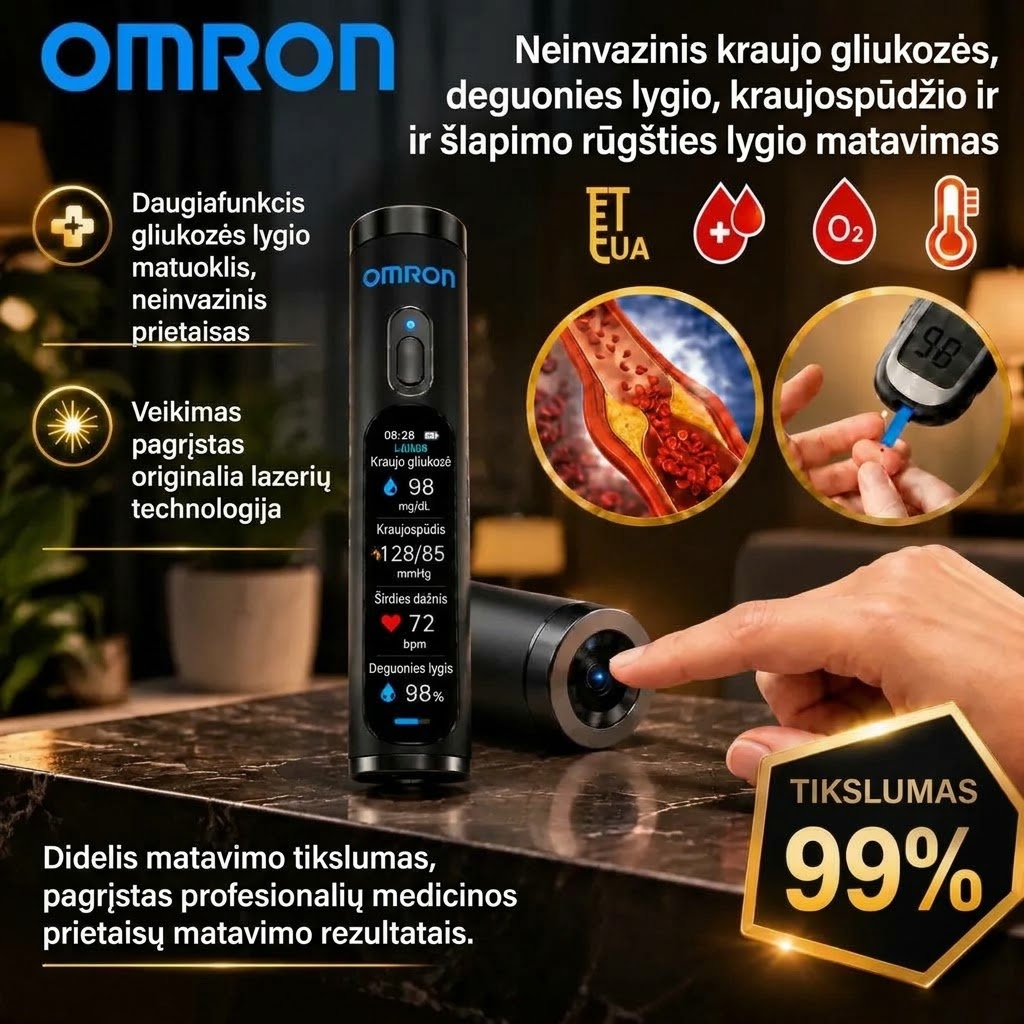 🚀 „Omron Healthcare“ proveržis 2027 m. 🔥 Naujausias išmanusis, neinvazinis gliukozės kiekio kraujyje matuoklis – su 99,9 % tikslumu.