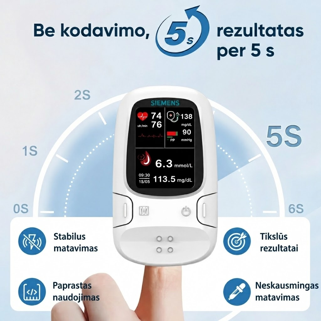 🩸 Neinvazinis gliukomatis – „Siemens“ | Neskausmingas gliukozės kiekio stebėjimas namuose 📊
