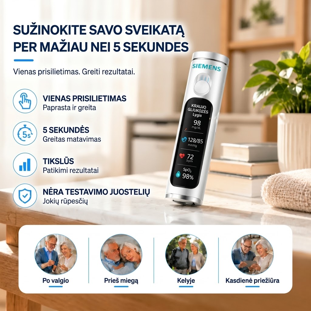✅ Naujausia 2027 m. medicinos technologijų inovacija: neinvazinis, išmanusis gliukozės kiekio kraujyje matuoklis su 99,9 % tikslumu.