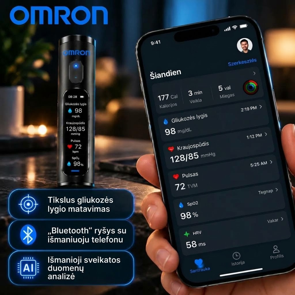 🚀 „Omron Healthcare“ proveržis 2027 m. 🔥 Naujausias išmanusis, neinvazinis gliukozės kiekio kraujyje matuoklis – su 99,9 % tikslumu.