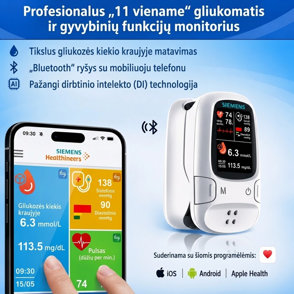 🩸 Neinvazinis gliukomatis – „Siemens“ | Neskausmingas gliukozės kiekio stebėjimas namuose 📊