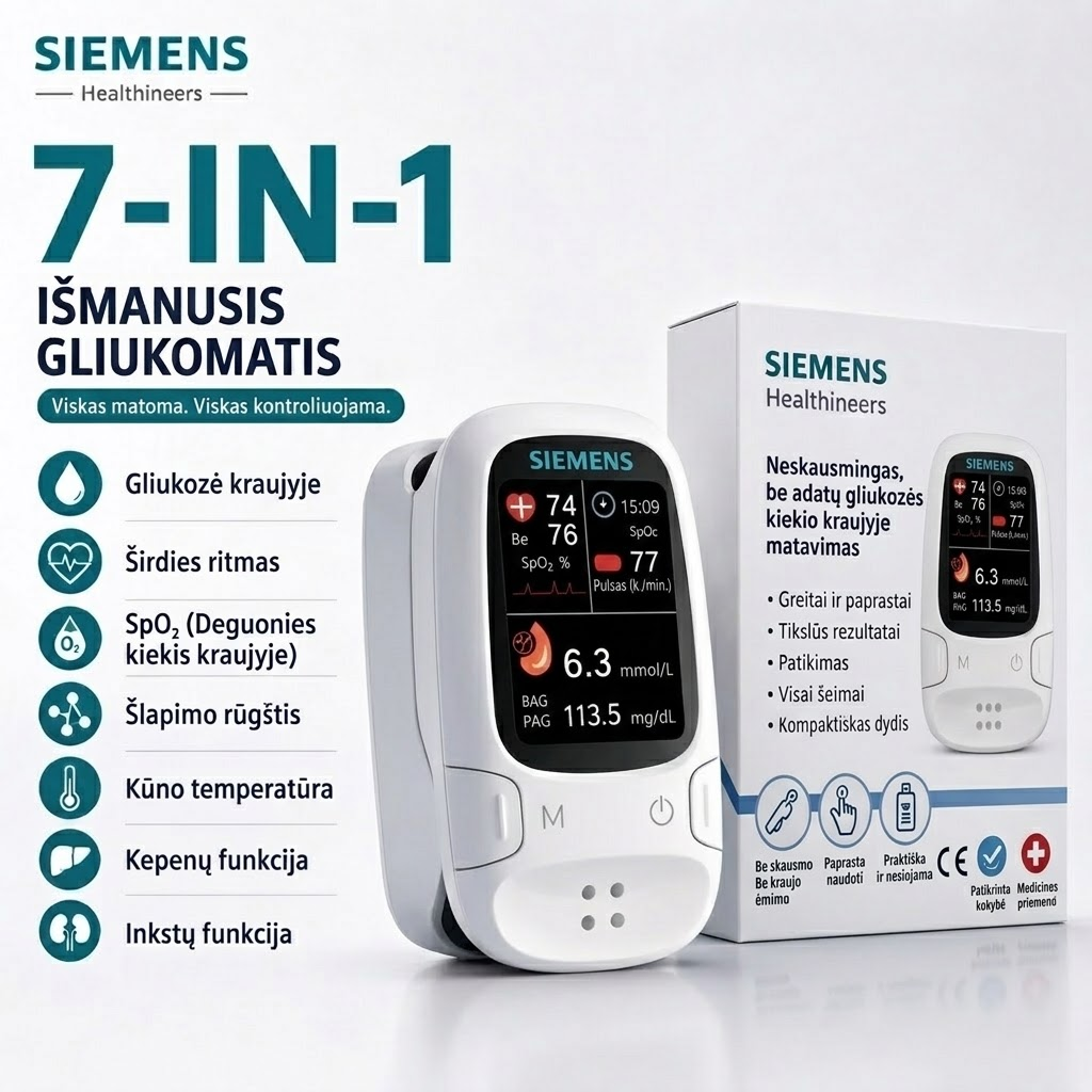 🩸 Neinvazinis gliukomatis – „Siemens“ | Neskausmingas gliukozės kiekio stebėjimas namuose 📊
