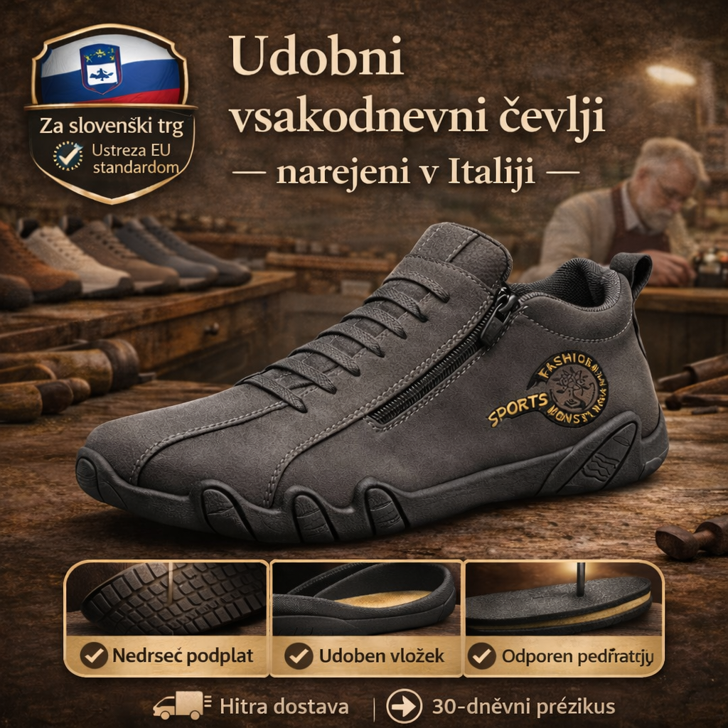 Lunmens® 👞 Stabilni in udobni usnjeni čevlji | 🧲 Nedrseči & 🔥 topli | 🦶 Manj nelagodja v stopalih | 👨‍🦳 Za moške 45+