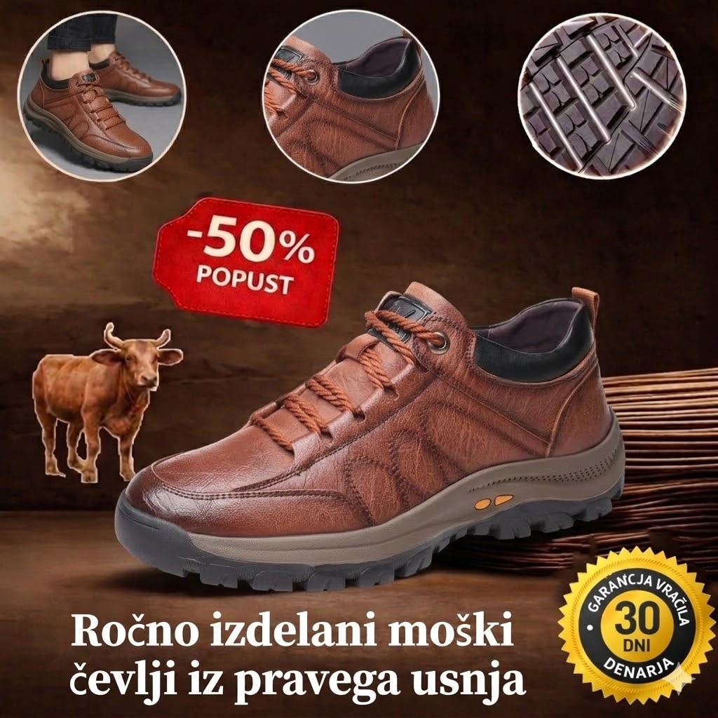 🐂 Moški ortopedski čevlji iz avstralske telečje kože 👞 Ročno šivani, vodoodporni in nedrseči ✅ Podpora za stopalni lok: udobna hoja ✅