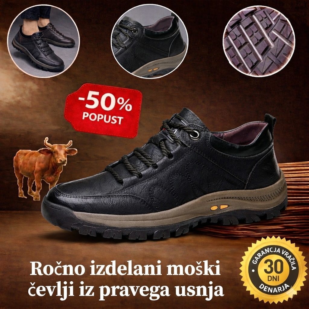 🐂 Moški ortopedski čevlji iz avstralske telečje kože 👞 Ročno šivani, vodoodporni in nedrseči ✅ Podpora za stopalni lok: udobna hoja ✅