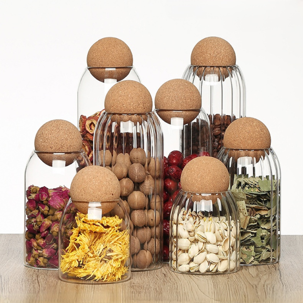 Tarro de almacenamiento esférico con tapa de corcho