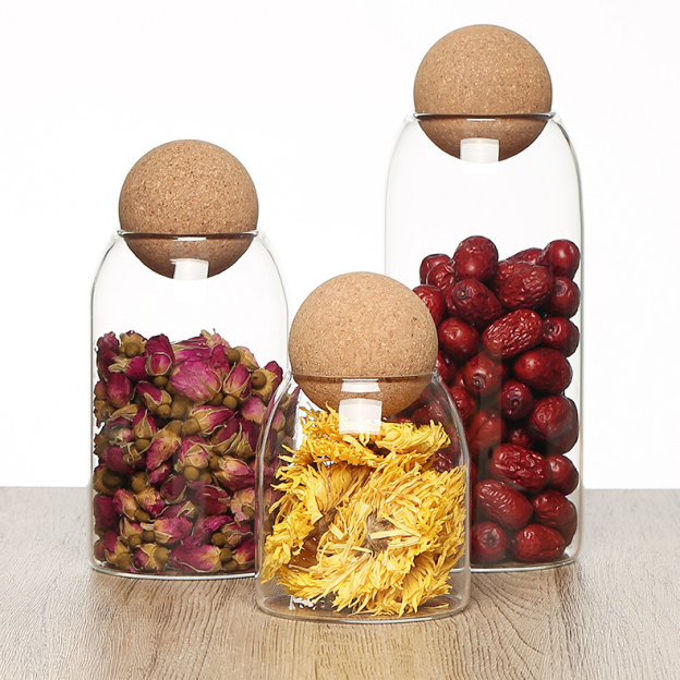 Tarro de almacenamiento esférico con tapa de corcho