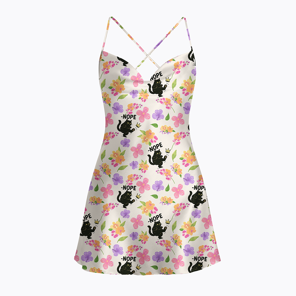 No Kings in America Black Cat Satin Cross Back Mini Dresses