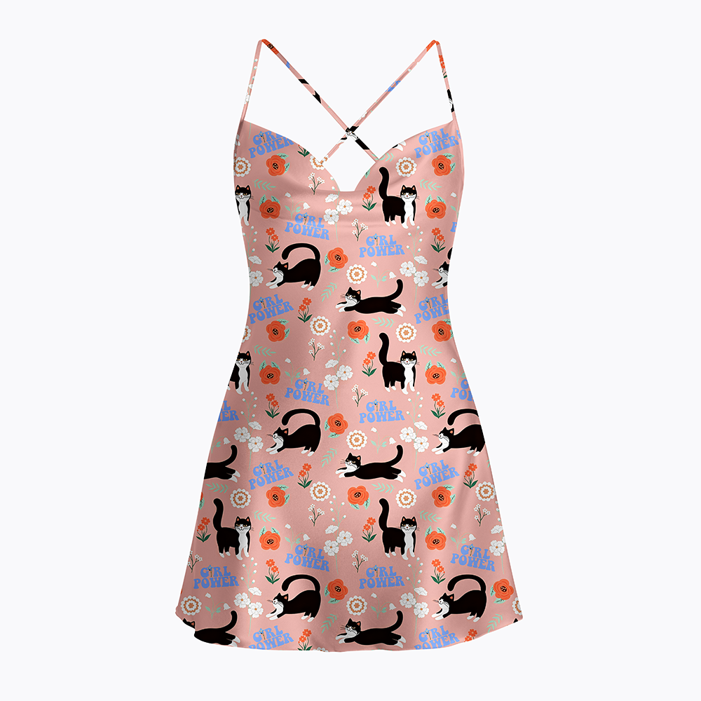 Girl Power Black Cat Satin Cross Back Mini Dresses