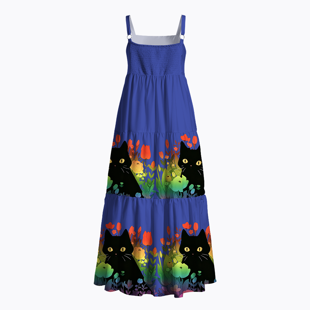 Rainbow Cat with Flowers Maxi Dress
