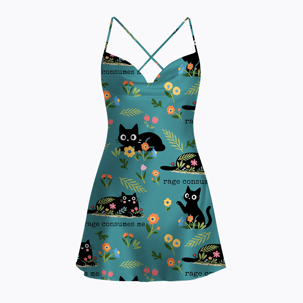Rage Consumes Me Cat Satin Cross Back Mini Dresses