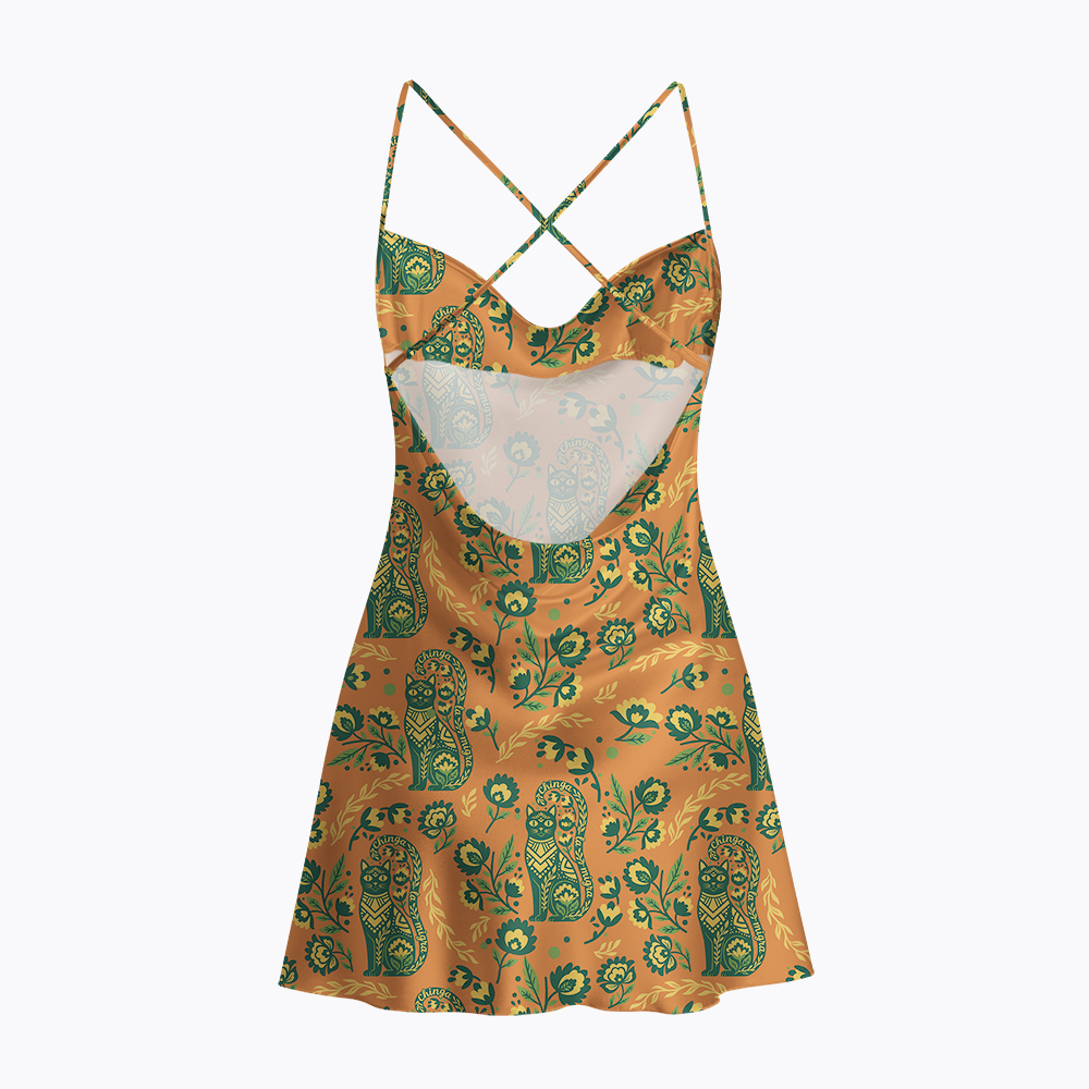 Subtle Chinga La Migra Cat Satin Cross Back Mini Dresses
