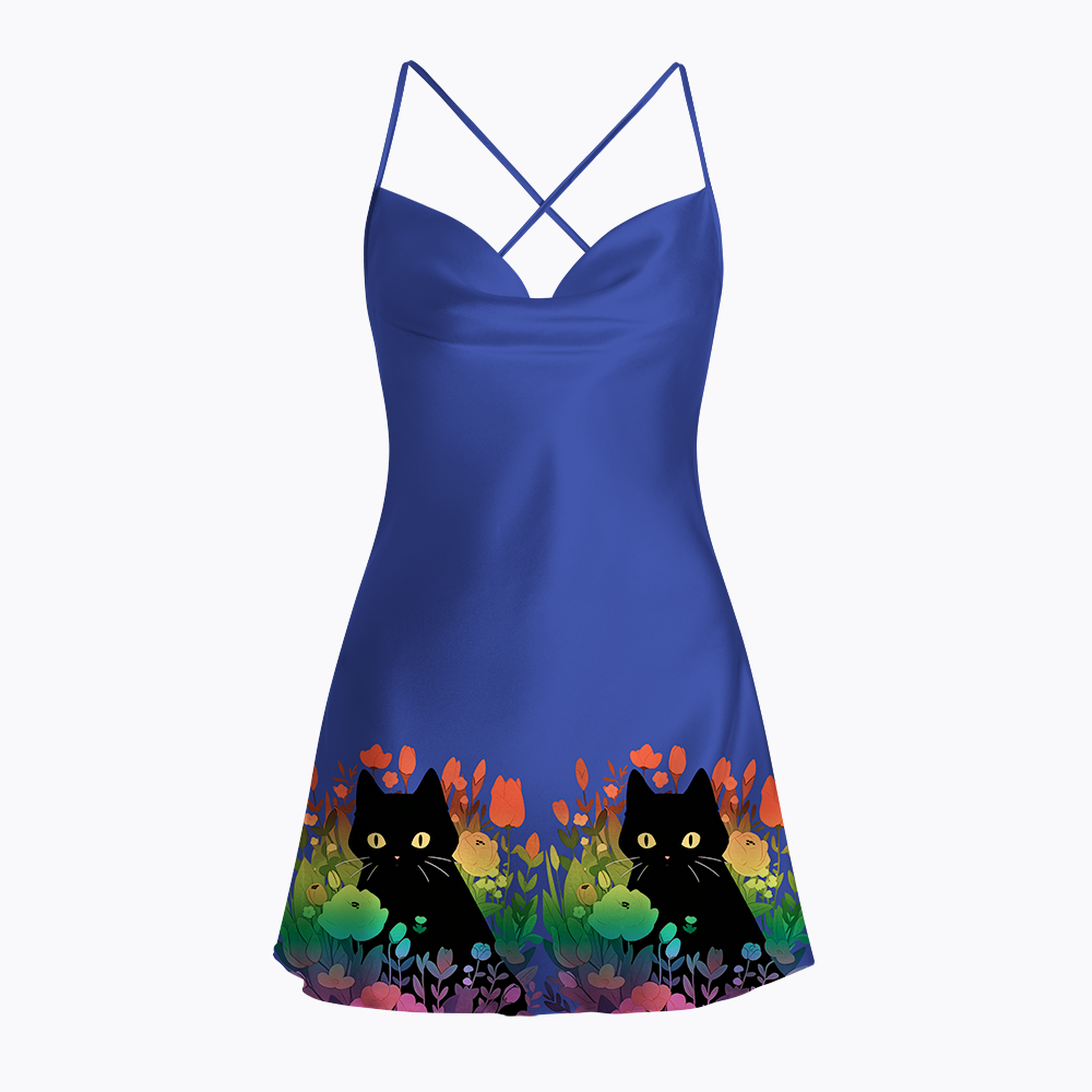 Rainbow Cat with Flowers Satin Cross Back Mini Dresses