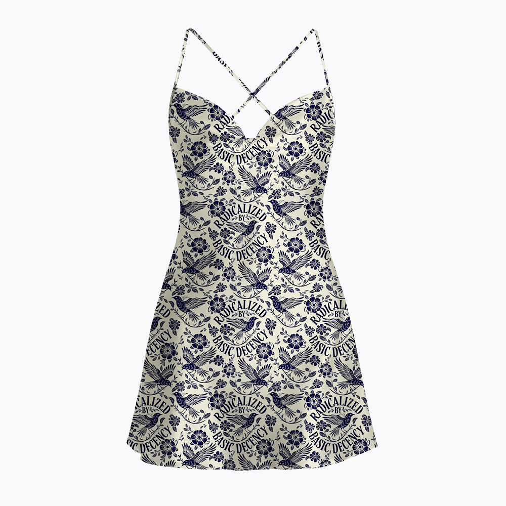 Be Kind to All Kinds Floral Bird Satin Cross Back Mini Dresses