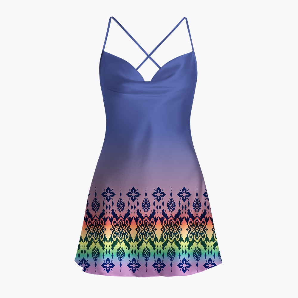Rainbow Boho Border Pattern Satin Cross Back Mini Dresses