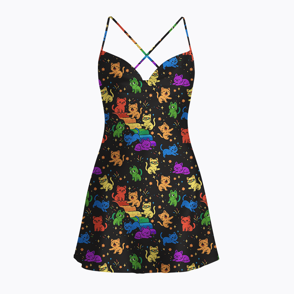 Gay Pride Kawaii Cat Satin Cross Back Mini Dresses